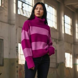 💕 Pink Rose Magenta Combo Striped Chenille Turtleneck Sweater | Size M | NWT